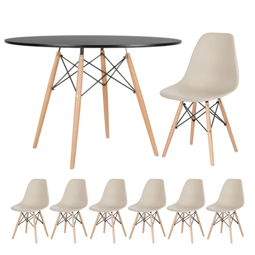 Produto Mesa redonda Eames 120 cm + 6 cadeiras Eames DSW - Nude