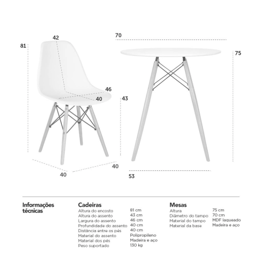 Produto Mesa redonda Eames 70 cm + 2 cadeiras Eiffel DSW - Branco