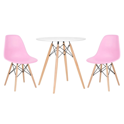 Mesa redonda Eames 70 cm + 2 cadeiras Eiffel DSW - Rosa Produto Mesa redonda Eames 70 cm + 2 cadeiras Eiffel DSW - Rosa