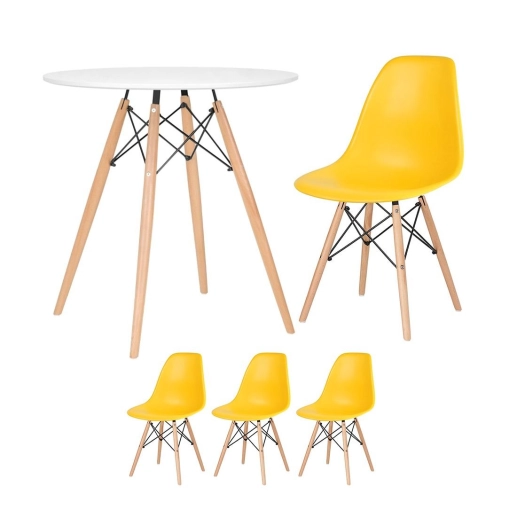 Mesa redonda Eames 70 cm + 3 cadeiras Eiffel DSW - Amarelo Produto Mesa redonda Eames 70 cm + 3 cadeiras Eiffel DSW - Amarelo