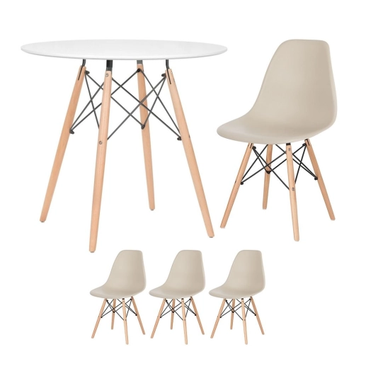 Produto Mesa redonda Eames 80 cm + 3 cadeiras Eames Eiffel DSW - Nude