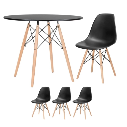 Produto Mesa redonda Eames 90 cm + 3 cadeiras Eiffel DSW - Preto