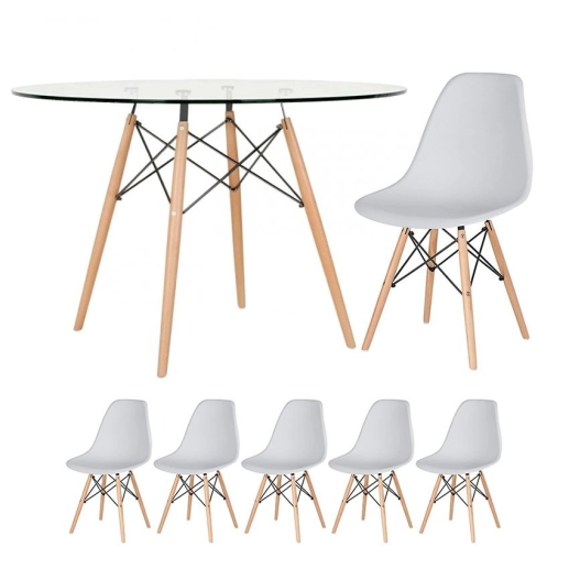 Produto Mesa redonda Eames com tampo de vidro 120 cm + 5 cadeiras Eiffel DSW - Cinza Claro