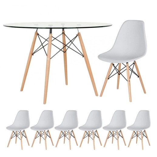 Produto Mesa redonda Eames com tampo de vidro 120 cm + 6 cadeiras Eiffel DSW - Cinza Claro