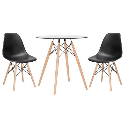 Produto Mesa redonda Eames com tampo de vidro 70 cm + 2 cadeiras Eiffel DSW - Preto