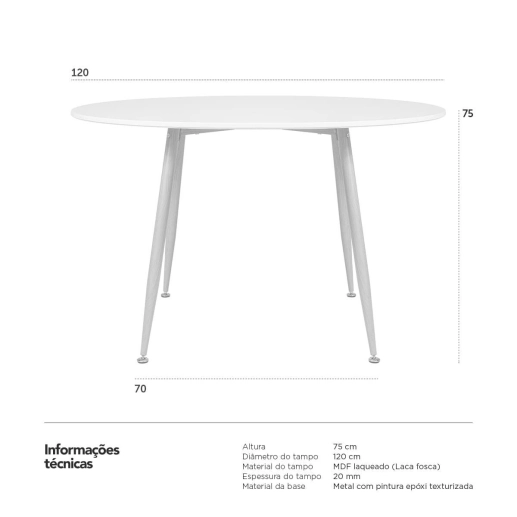 Produto Mesa redonda jantar cozinha varanda Clarice 120 cm - Branco