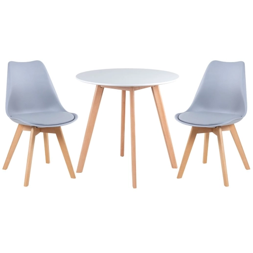 Produto Mesa redonda Leda 70 cm branco + 2 cadeiras estofadas Leda Cinza Claro