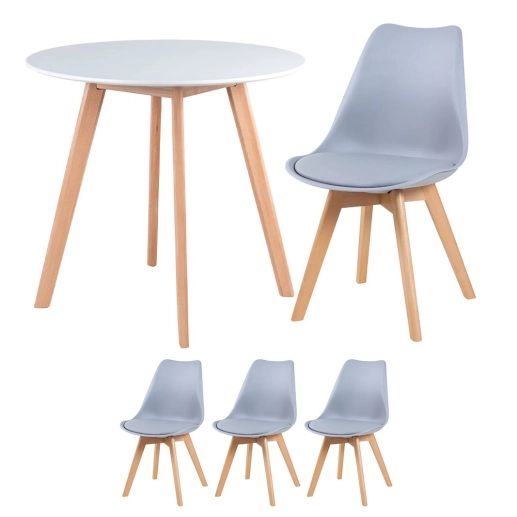 Produto Mesa redonda Leda 80 cm branco + 3 cadeiras estofadas Leda Cinza Claro