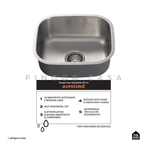 Produto Tanque Inox Quadrado 43 Cm Aimoré Pingoo.Casa - Prata