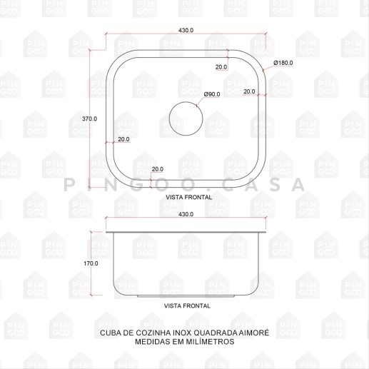 Produto Tanque Inox Quadrado 43 Cm Aimoré Pingoo.Casa - Prata