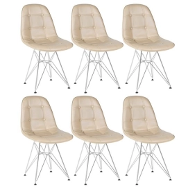 Produto Kit 6 Cadeiras estofada Charles Eames Eiffel Botonê DKR com pés de metal cromado - Nude