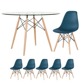 Produto Kit Mesa Eames Madeira 120 Com Tampa Vidro + 5 Cadeiras Eiffel Azul-petróleo