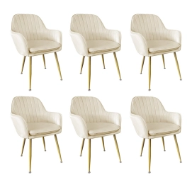 Produto Kit 6 Cadeiras Poltrona Lines com pés dourados Suede para sala de jantar – Creme