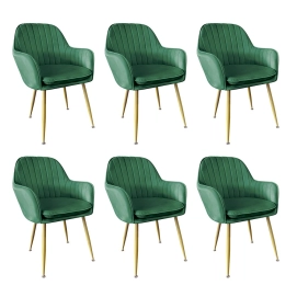 Produto Kit 6 Cadeiras Poltrona Lines com pés dourados Suede para sala de jantar – Verde Escuro